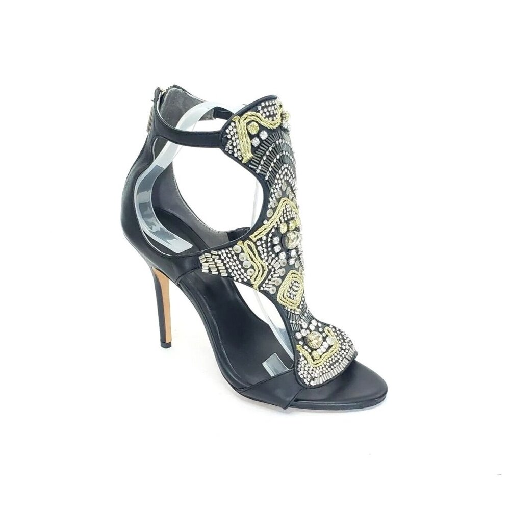 Rachel Roy Sandal Heel Stiletto Rhinestones Open Toe Black Leather Womens US 8.5